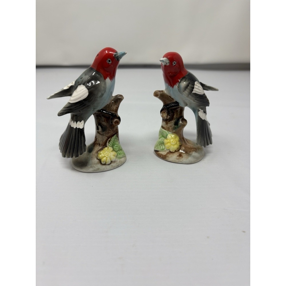 Vintage Enesco Red Headed Woodpecker Salt and Pepper Shakers Japan Birds MCM